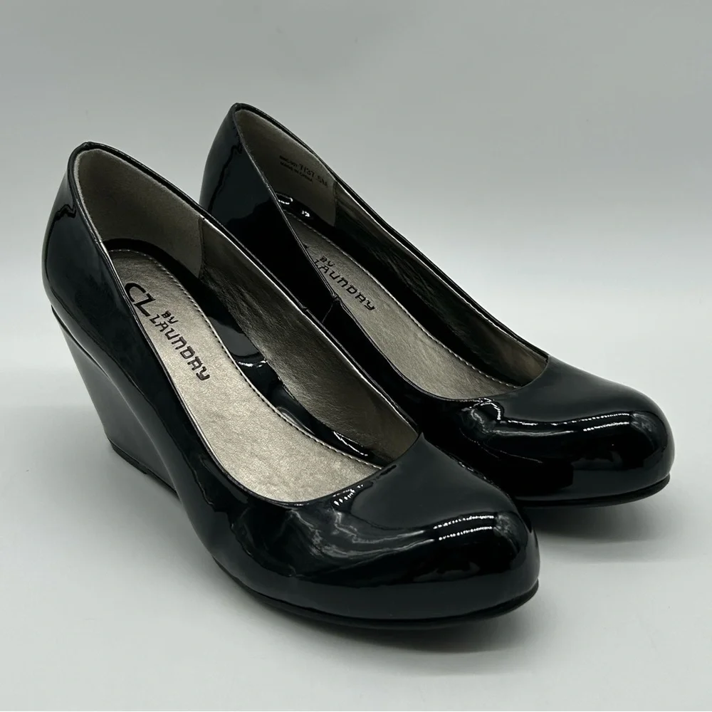 CL by Laundry Black Patent Wedge Heels Size 8.5 Man-Made Upper New With Box